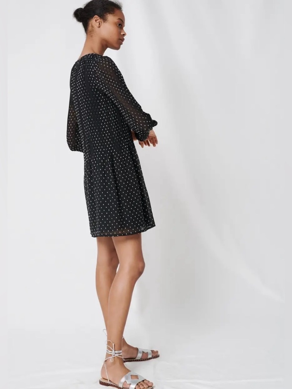Maje Rockito pleated polka dot textured shift dress lined